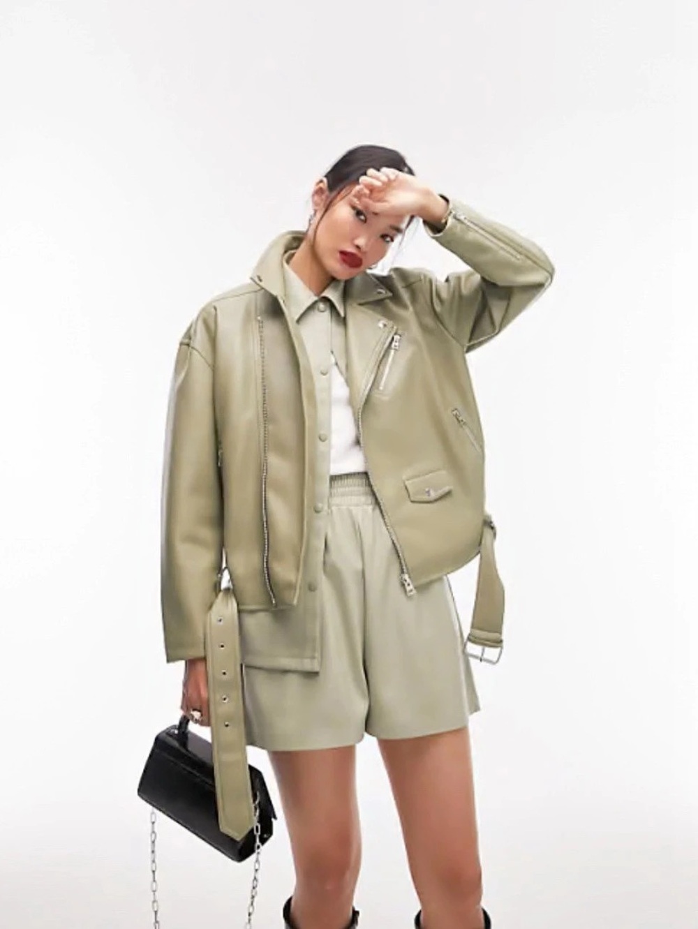 Divided Faux Leather Oversized Biker Jacket in Sage Green
